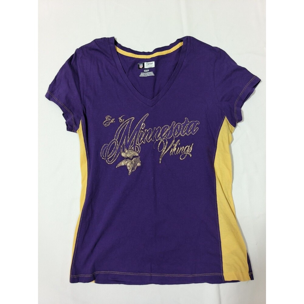 Minnesota Vikings Women's Medium Purple Gold V Neck T Shirt NFL Team Apparel